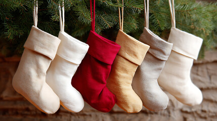 Christmas stockings hanging against a festive backdrop decorated with delicate snowflakes for a cozy holiday feel.