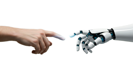 Photorealistic image centered on human and robot hands radiating a gentle digital pulse on light circuit backdrop. Isolated on transparent background, png