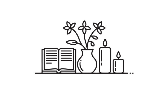 Cozy still life illustration with an open book, vase of flowers, and lit candles.