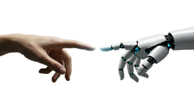 Photorealistic scene of human and robot hands after first touch, radiating digital light from contact on circuit-embossed background. Isolated on transparent background, png