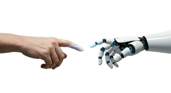 Photorealistic image centered on human and robot hands radiating a gentle digital pulse on light circuit backdrop. Isolated on transparent background, png
