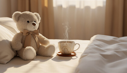Soft teddy bear sitting on the bed with steaming cup of coffee - Concept of Valentine's Day, space for text
  
