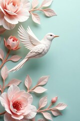 Obraz premium Serene White Bird in Flight Amongst Delicate Pastel Flowers on a Soft Mint Background
