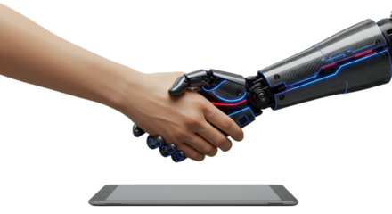 Anticipated handshake: detailed human and angular synthetic AI hand with sapphire accents hover above digital tablet, glowing blue/red, editorial. Isolated on transparent background, png