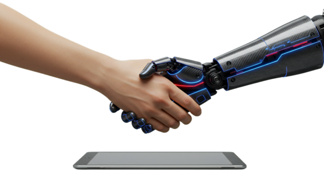 Anticipated handshake: detailed human and angular synthetic AI hand with sapphire accents hover above digital tablet, glowing blue/red, editorial. Isolated on transparent background, png