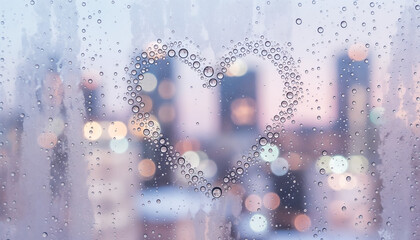Heart shape drawn on foggy window with city lights in background, Valentine's Day    
