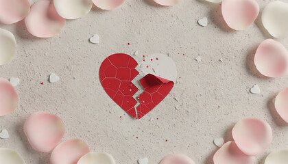 Broken heart surrounded by pink petals representing Valentine's Day  