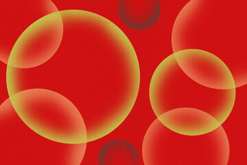 Red background with overlapping translucent yellow and gray circles abstract bubble