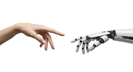 Mirrored side profile of photorealistic female and advanced robotic hand, poised against vast white space. Isolated on transparent background, png
