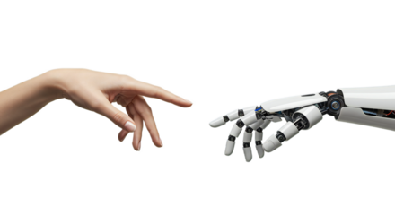 Mirrored side profile of photorealistic female and advanced robotic hand, poised against vast white space. Isolated on transparent background, png