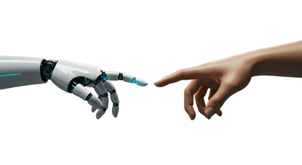 Ultra-realistic studio rendering of human and modern robot hands almost touching amidst a subtle circuit board motif. Isolated on transparent background, png
