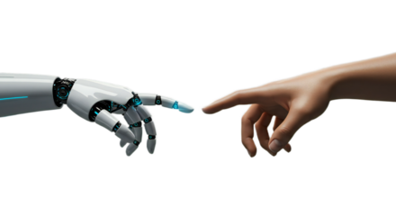 Ultra-realistic studio rendering of human and modern robot hands almost touching amidst a subtle circuit board motif. Isolated on transparent background, png