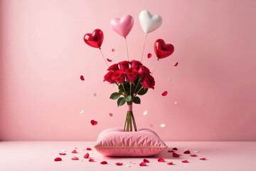 Romantic Bouquet Resting on a Soft Pillow with Heart-Shaped Balloons and Falling Petals