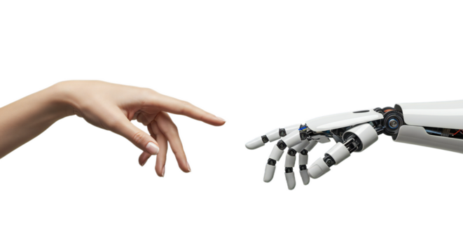 Mirrored side profile of photorealistic female and advanced robotic hand, poised against vast white space. Isolated on transparent background, png - Powered by Adobe