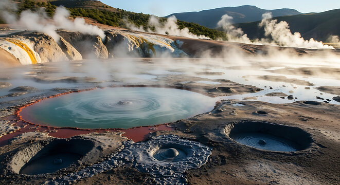 Bubbling geothermal mud pot with steam rising in a volcanic landscape