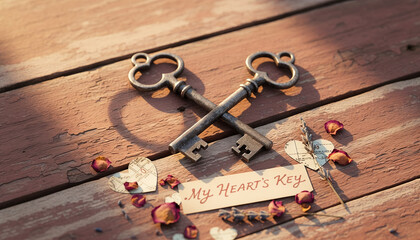Two vintage keys resting on wooden surface with love note, Valentine's Day    