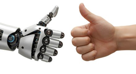 Photorealistic 3D close-up: robot thumb with gear, human thumb with fingerprint, upright and clear. Isolated on transparent background, png