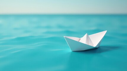 A solitary white paper boat floats serenely on a calm turquoise sea, a gentle symbol of hope and adventure.