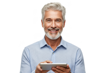 Smiling man with gray hair holding a tablet isolated on transparent background