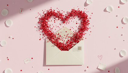 Red heart shape made of confetti around an envelope on pink background, Valentine's Day    