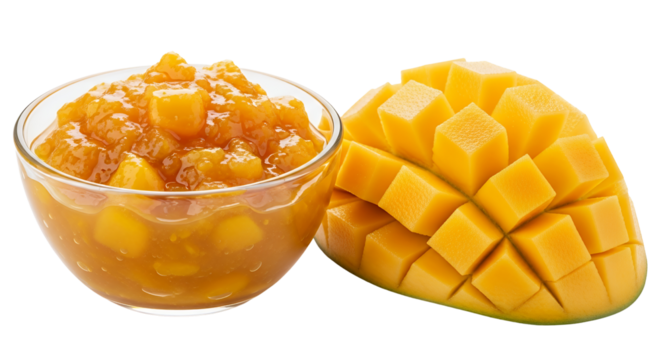 Mango compote and mango cut hedgehog style, white background isolated