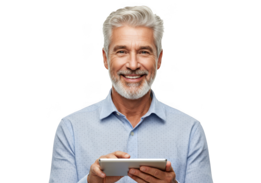Smiling man with gray hair holding a tablet isolated on transparent background - Powered by Adobe