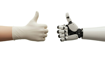 Minimalist 3D: robot and medical-gloved human hand, detailed latex and metal, photorealistic clarity. Isolated on transparent background, png