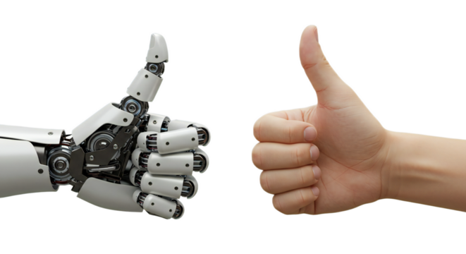 3D photorealistic close-up: robot and human thumbs up, hyper-detailed metallic and skin contrasts. Isolated on transparent background, png