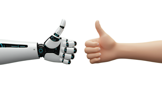 Minimalist synchronized 3D thumbs up: robot and human hands with wrists touching, pristine clarity. Isolated on transparent background, png