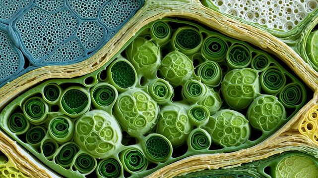 Chlorophyll process concept ,Plant stem cross section microscopic view showing detailed cellular structure with vibrant green