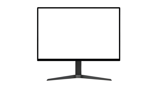 A modern black curved gaming computer monitor with a blank white screen. Isolated on transparent background, png
