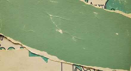 A piece of old vintage green paper, a torn page from a children's magazine