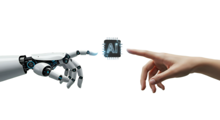 Robotic hand emits blue digital aura as female human hand reaches to chrome AI logo, minimalist and centered. Isolated on transparent background, png