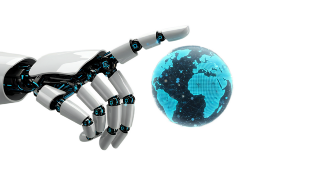 Fingertip-focused robot hand encircling vivid digital globe with neon blue streams and grid lattices, illuminated cyber interface, isolated on transparent background, png - Powered by Adobe