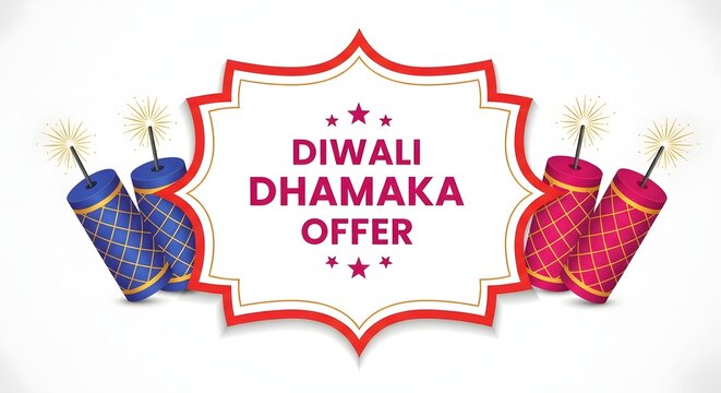 Diwali dhamaka offer with firecrackers and festive design, isolated on white background