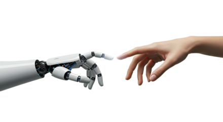 Robot hand's glowing fingertips highlight approaching female hand, aura of connection in white. Isolated on transparent background, png