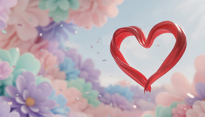 Red heart shape surrounded by colorful flowers for Valentine's Day, space for text
 