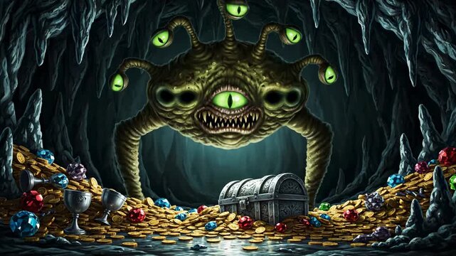 Beholder guarding a treasure hoard in a dark cave fantasy art.