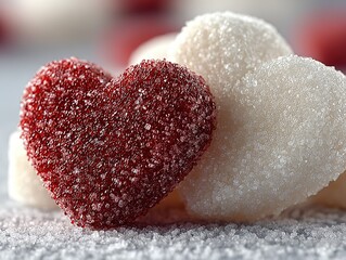 Close-up of white sugar hearts with one red heart on top, symbolizing love and romance for Valentine's Day, minimalistic beauty focusing on texture and color contrast
