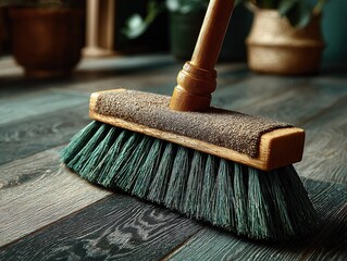 Green and black wooden floor, top of old-style brown cloth duster or dustpan visible, indicating home cleaning, close-up view