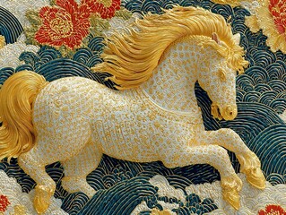 Golden flying horse in traditional Chinese art style, auspicious clouds background, gold foil on white, simple cute pattern with clear lines, symbolizing power and strength