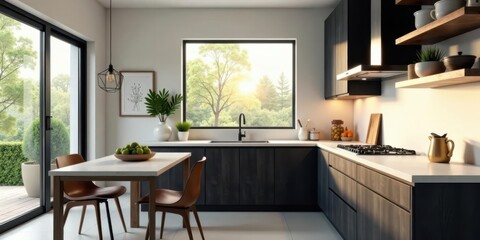 Modern kitchen design with sleek dark cabinets, a large window overlooking a tranquil garden, and a minimalist dining area featuring a light-colored table and leather chairs.