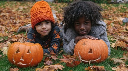 Adorable Kids Dressed in Cute Costumes Gather Around Glowing Pumpkin Lanterns on a Cozy Halloween Night, Laughing and Sharing Sweet Treats&mdash;Capturing Warm, Whimsical Moments of Childhood Joy Under the 
