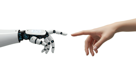 Robot wrist with glowing embedded AI symbol points toward female hand’s poised fingertips, serene and balanced. Isolated on transparent background, png