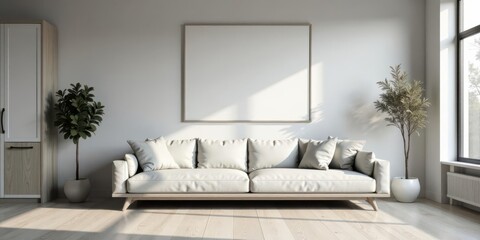 Serene Minimalist Living Room Interior Design Featuring a Comfortable Sofa and Large Blank Canvas