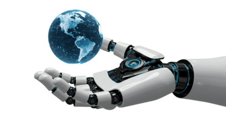 Technical close-up of male robot wrist and palm supporting floating digital globe with blue circuitry, high-detail chrome accents, isolated on transparent background, png
