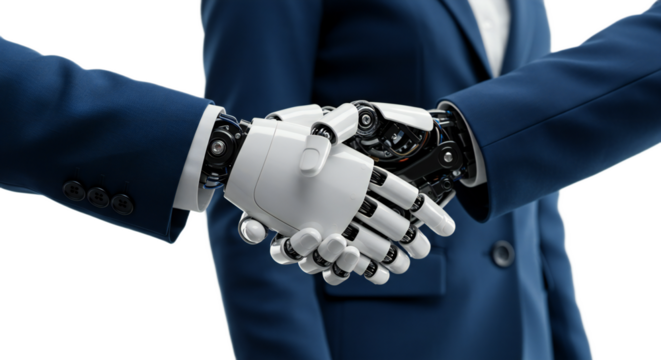 Robotic hand with illuminated seams, business blue coat with button detail, shallow depth, bright even lighting, technological sophistication, isolated on transparent background, png