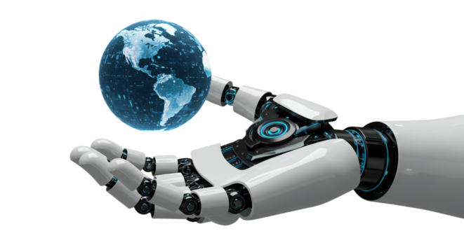 Technical close-up of male robot wrist and palm supporting floating digital globe with blue circuitry, high-detail chrome accents, isolated on transparent background, png