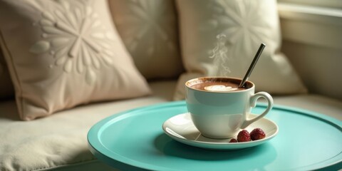 Aromatic Coffee Delight Steaming Cup of Latte Art on Teal Tray with Berries near Soft Cushions