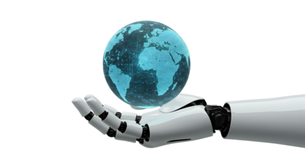 Photorealistic robot hand cradling an ethereal, semi-transparent digital globe with networked icons, cyber grids, and neon blue circuitry, isolated on transparent background, png